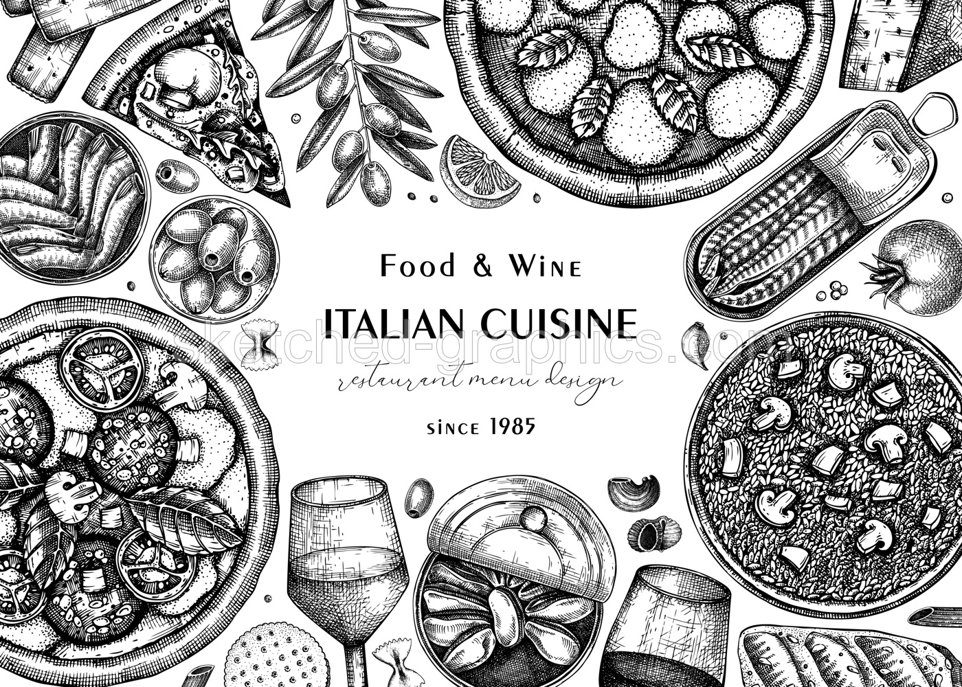 Italian cuisine vintage background. Hand drawn pizza, pasta and risotto frame in sketch style. Mediterranean food menu design template. Food ingredient  black outlines Illustration